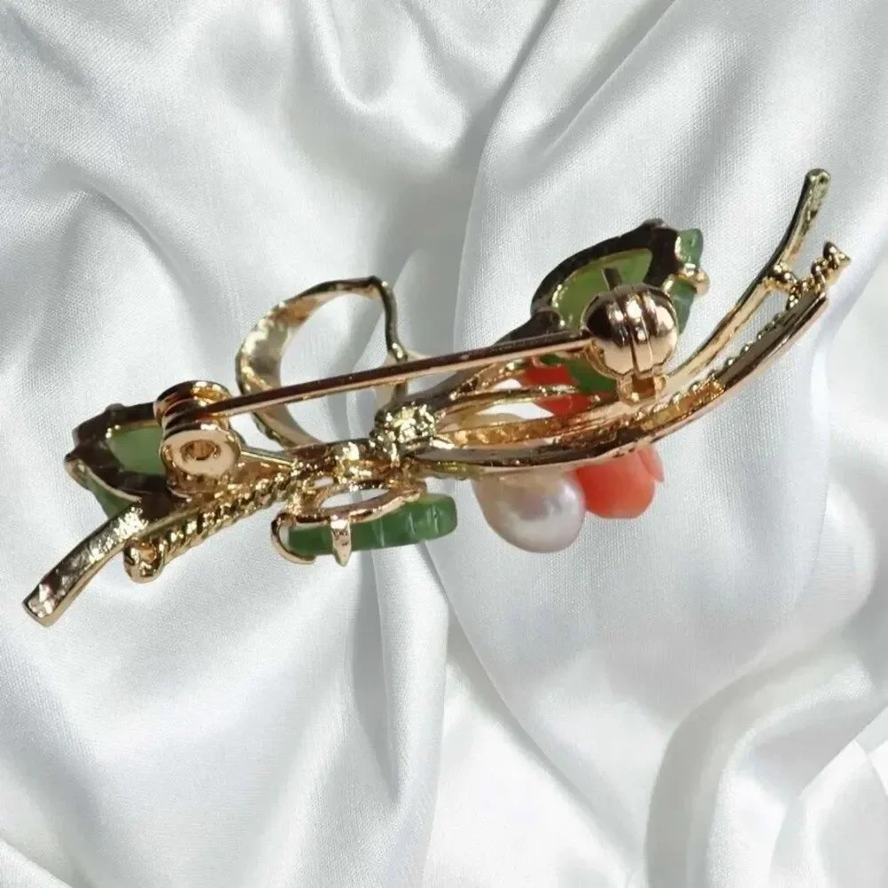 Pink Coral Pearls & Green Jade Leaves Brooch Floral Spray Faux Fashion VTG Pin